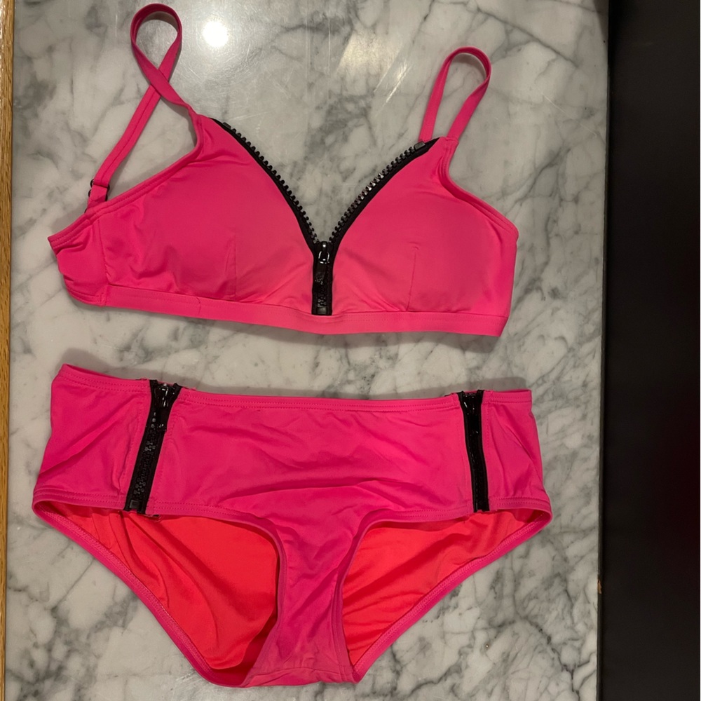 Hot Pink Michael Kors 2 Piece Zipper Bikini Small Adjustable Straps Padded